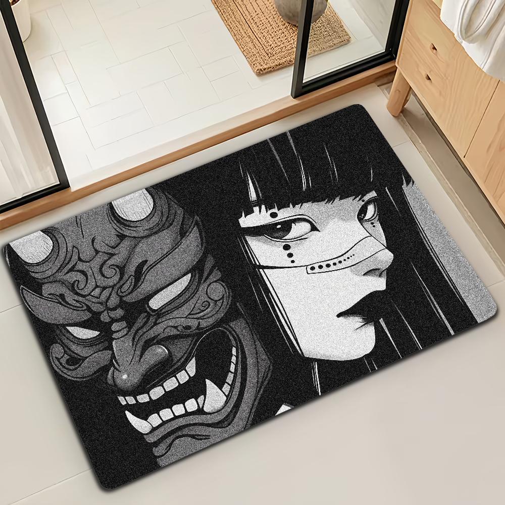 Japanese Samurai Oni Mask Girl Door Mat Bath Microfiber Decorative Versatile Flannel Floor Mat Quick Dry Absorbent Non-slip Sole
