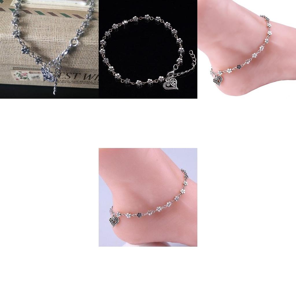 Elegant Women Bead Chain Anklet With Heart And Flower Design For Beach Fashion Jewelry