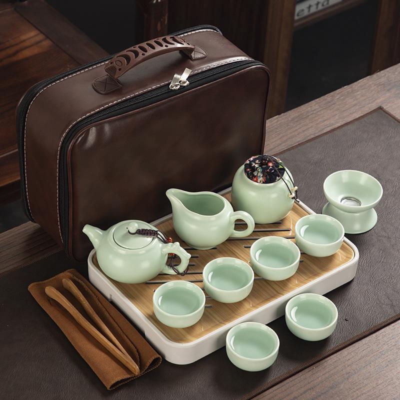 Travel ceramic Kung Fu tea set, tea tray, a full set of portable storage bags, practical business gifts for customers