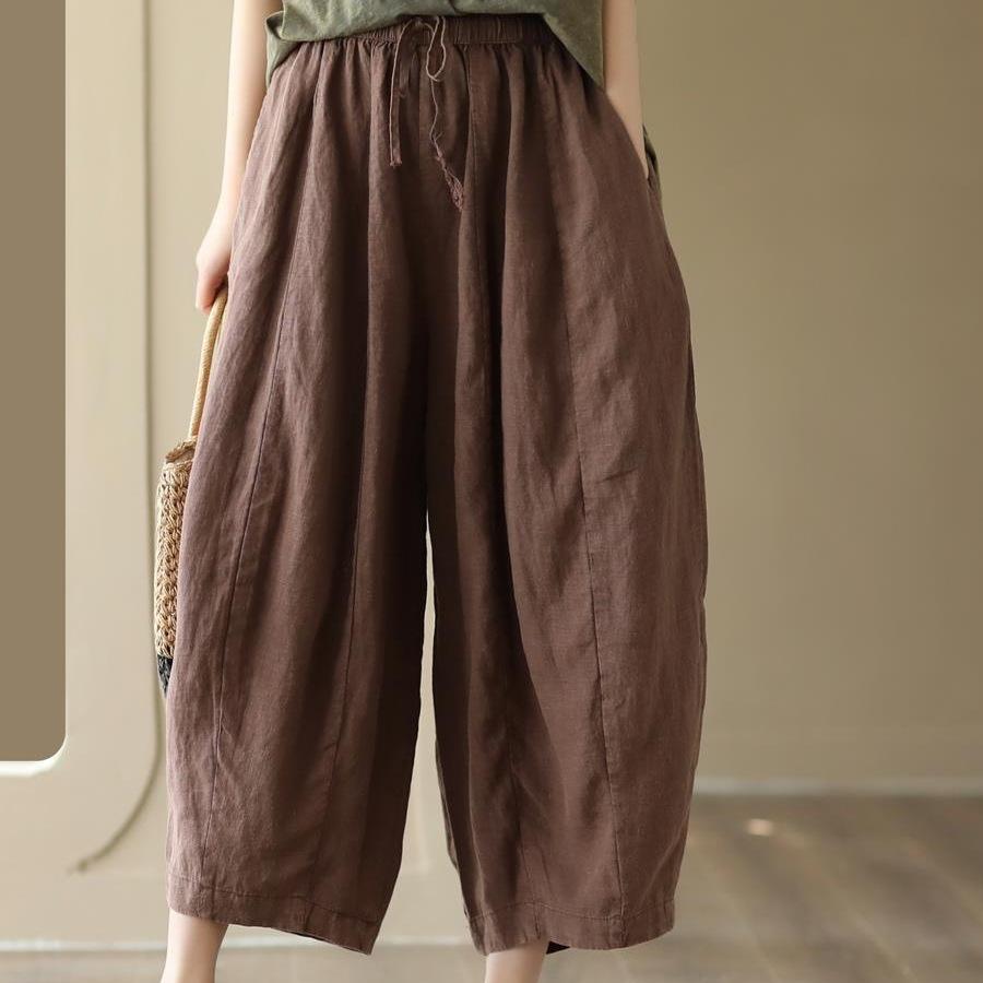 Damen Haremshose aus Baumwolle und Leinen mit elastischem Bund - Retro Patchwork, Lockerer Schnitt, Fließender Laternenstil für den Sommer