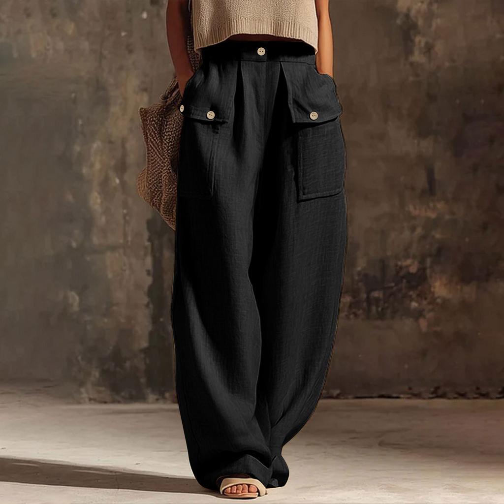 Women’s Casual Wide Leg Pants with Buttoned Pockets Cotton Linen Relaxed Fit Trousers for Everyday Wear Office Travel Lounge