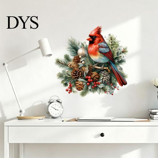 Bird And Pine Cone Wall Stickers Christmas Sticker, Decorative PVC Decal with Branch Retro Winter Home Decor Red Berry, Waterproof Peel Sticker