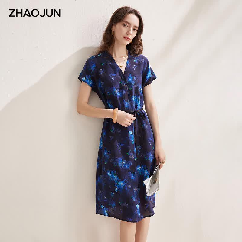 Zhaojun Women s Mulberry Silk Printed Belted Midi Dress L