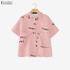 ZANZEA Women Casual Turn Down Collar Loose Short Sleeve Plaid Print Blouse