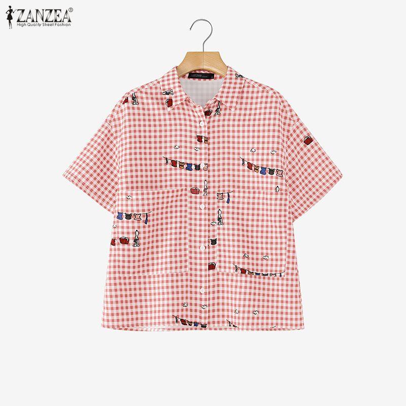 ZANZEA Women Casual Turn Down Collar Loose Short Sleeve Plaid Print Blouse