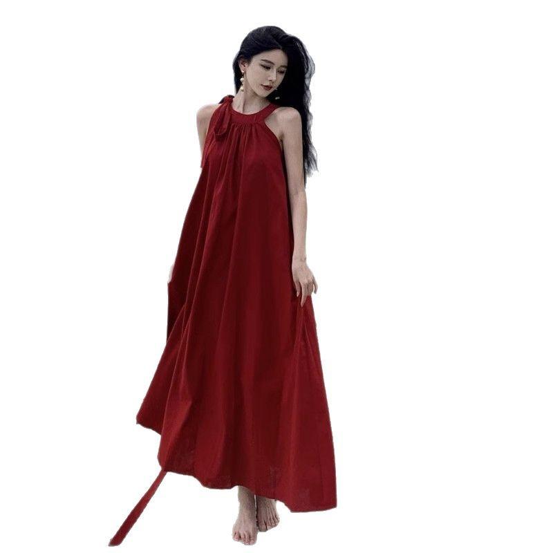 Sanya Small French Vacation Style Sleeveless Neck Red Dress Seaside Vacation Atmosphere Beach Dress