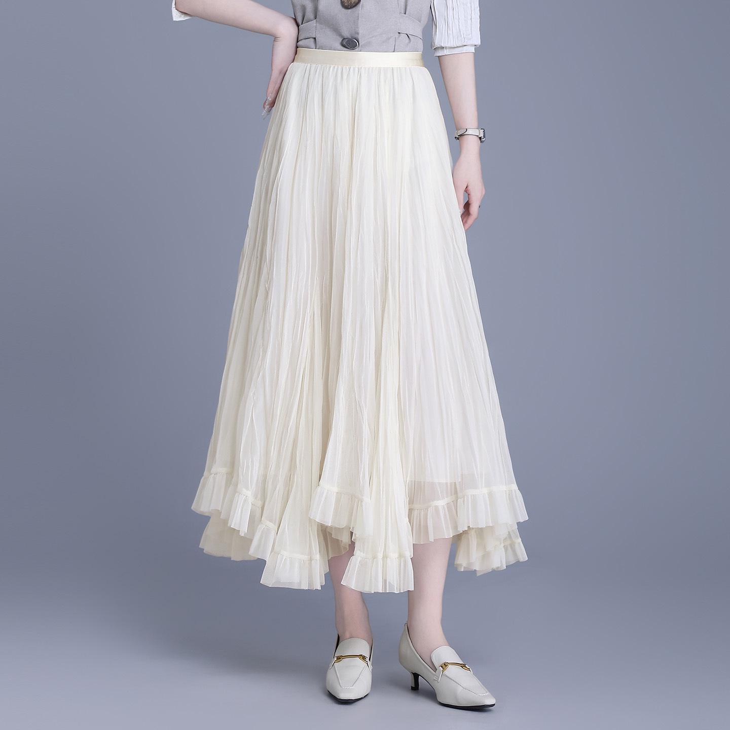 Irregular Mesh Pleated Midi Skirt: Stylish High-Waisted Spring 2026 Collection One Size абрикосовый