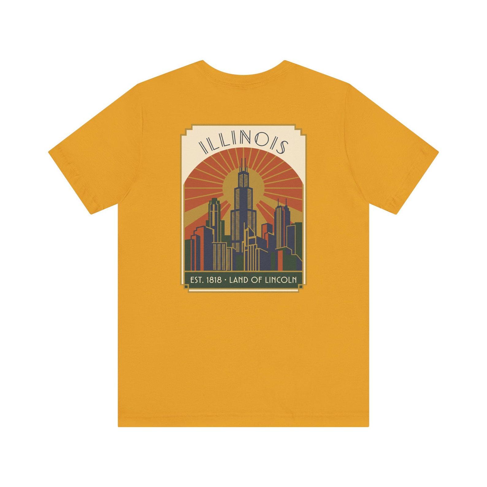 Illinois Skyline Art Deco T-Shirt | Retro Chicago Cityscape Graphic Tee | Illinois State Pride Gift 2XL