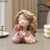Lovely Wave Haired Girl Figures Rose Flower Statue Desk Decoration Exquisite Character Resins Sculpture Room Aesthetics Decor
