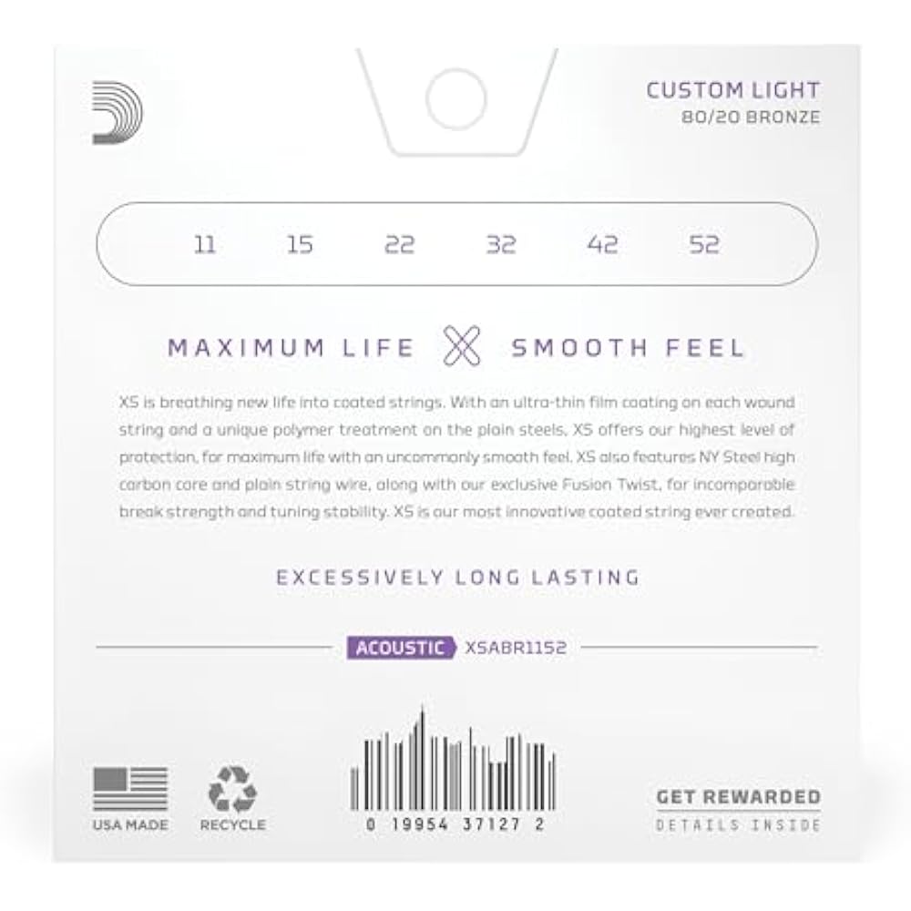 D'Addario Daddario Acoustic Guitar Strings XS Coated Strings 80/20 Bronze Custom Light .011-.052 ...
