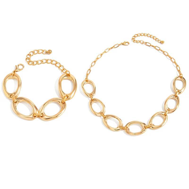 Salircon Punk Geometry Round Metal Short Clavicle Necklace Bracelet Set Women New Simple Hollow Necklaces Banquet Jewelry Gifts