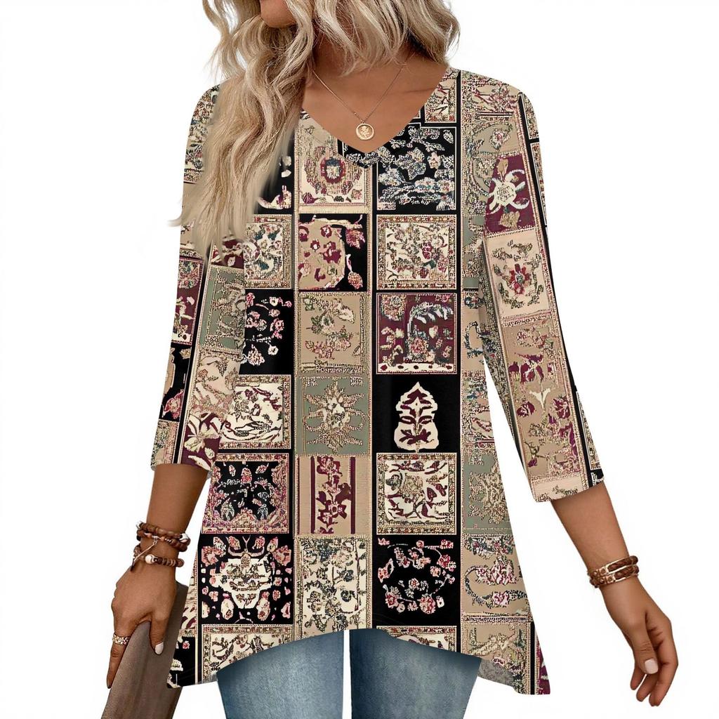 Dámské topy s výstřihem do V a 3/4 rukávem, ležérní košile střední délky, módní tuniky s potiskem