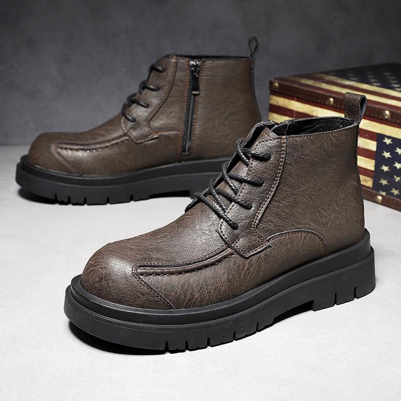 Men's Cowhide Lace-up Martin Boots - Winter Thick Sole, Outdoor Casual, Height-increasing Mid-top Work Shoes