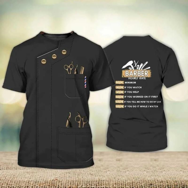 Fashion New Customized Barber Men's T-shirt Street Element Round Neck Plus Size Comfortable Short sleeved Top