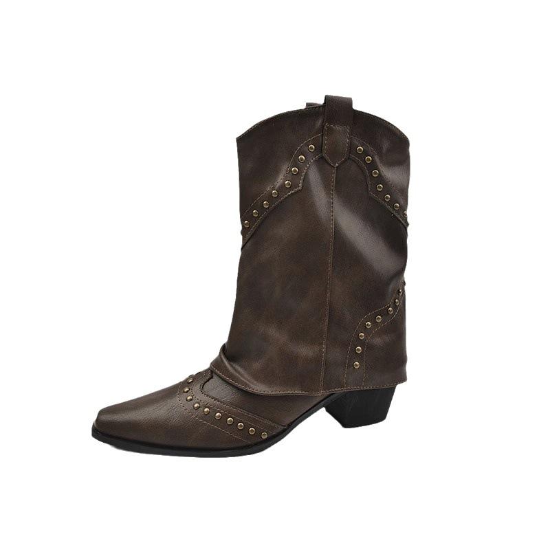 Niche design pointed trouser boots women's thick heel medium tube rivet western cowboy boots