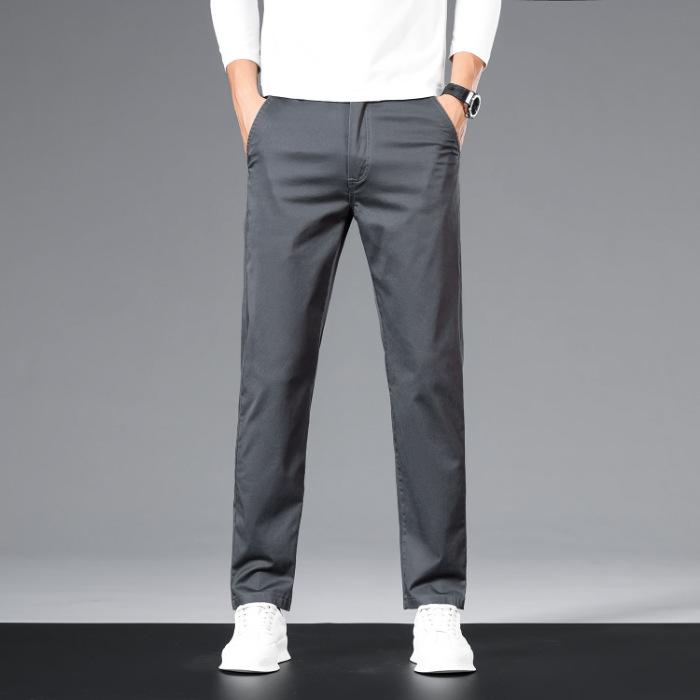 Pánské khaki elastické rovné bavlněné ležérní kalhoty - podzimní kolekce 2024