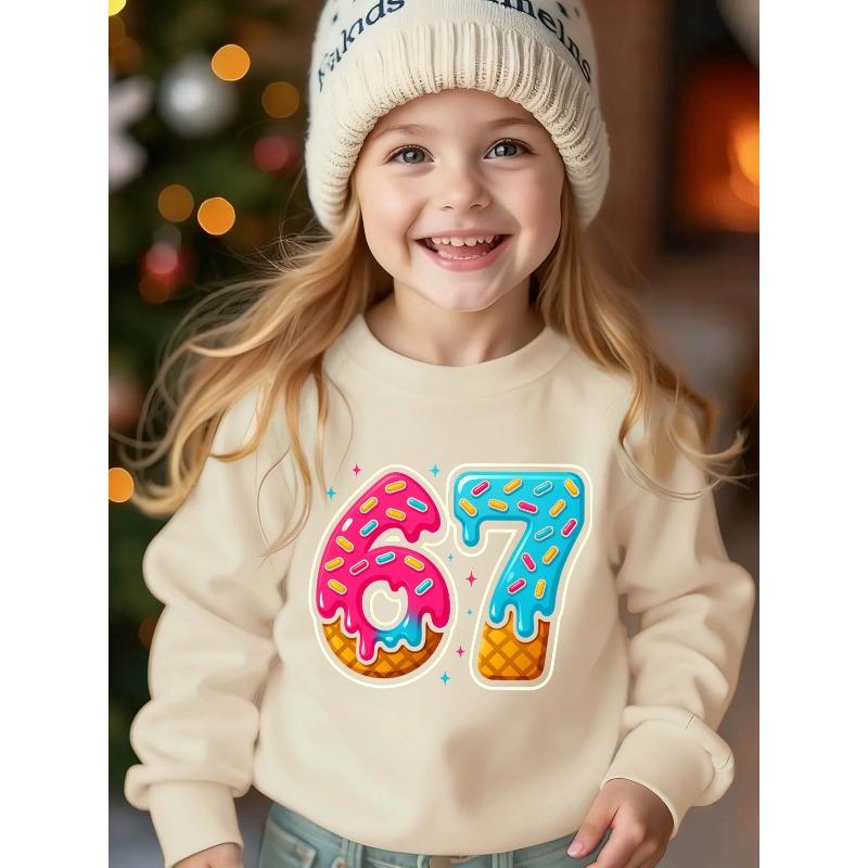 Unisex Kids Black Crewneck Sweatshirt For 4-12 Boys Girls Donut Ice Cream Candy Sprinkles Number 67 Print Soft Fleece Long Sleeve Pullover