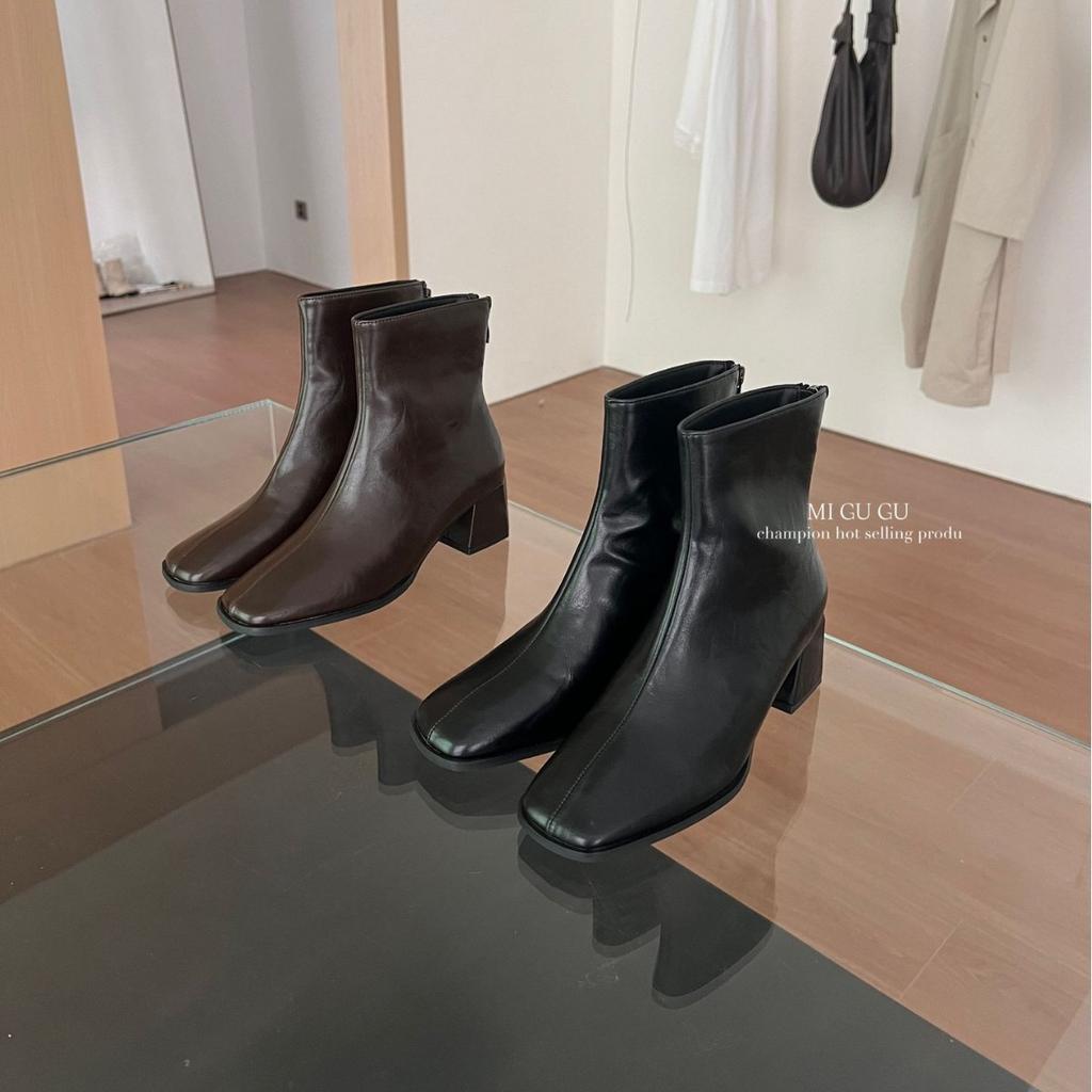 2025 autumn and winter new square head thick heel rear zipper low tube thin Martin women's short boots