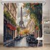 Autumn Paris Shower Curtain: Eiffel Tower, vintage cars, red-awned buildings, fall foliage, 12 hooks, washable, polyester