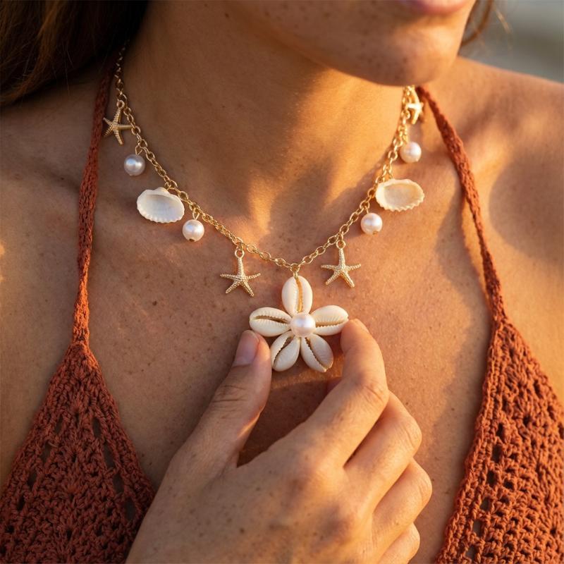 Bohemia Gold Plated Double Layer Shell Necklace For Women Starfish Conch Scallop Pendant Choker Summer Beach Jewelry Accessories