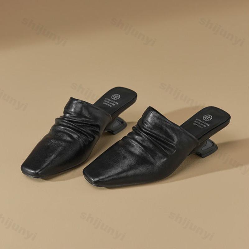 

Fashion 2025 Summer New Elegant Square Head Casual Muller Slippers for Women s Comfortable Wedge Heeled Half Drags Fashion Beach Sandals 35 чёрный