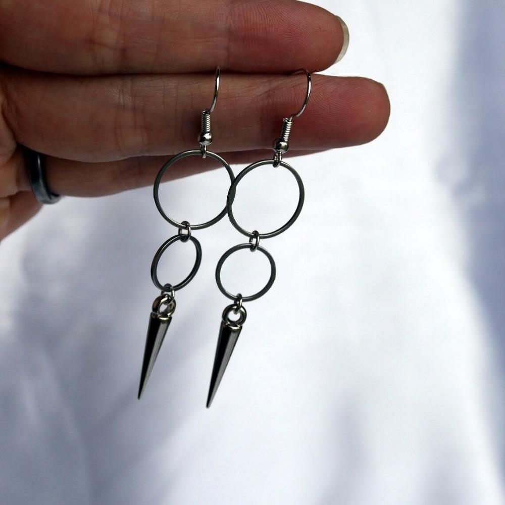 Gothic-punk Silver Color Double Ring-shaped Pointed Rivet Long Dangle Earrings for Men Women Unisex Hip-hop Rock Jewelry Gifts