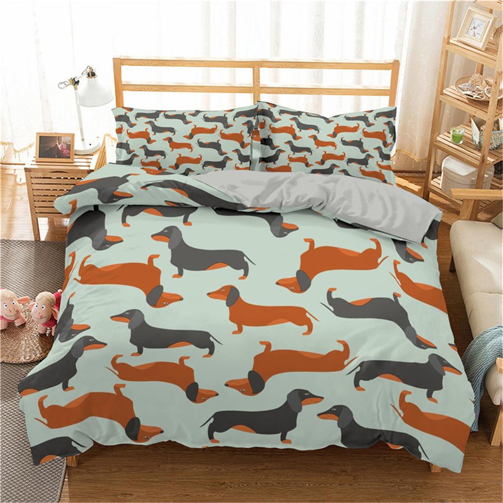 Sausage Dog Print Duvet Cover Set Queen King Full Size Cartoon Dachshund Puppy Bedding Set for Boy Kid Polyester Comforter Cover