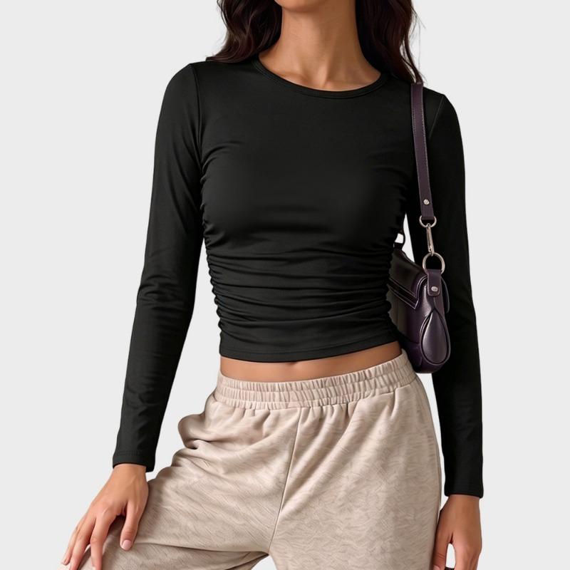 Women Side Ruched Long Sleeve Slim Fit Thin Sunscreen Casual Base T Shirt