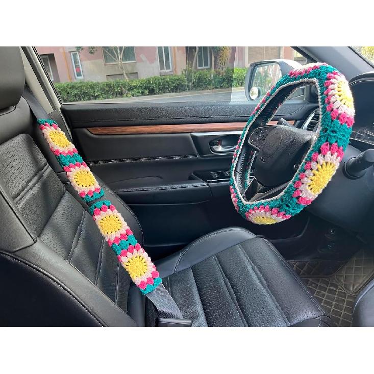 

Crochet Sunflower Car Steering Wheel Covers Universal 14-15 inch for Women/Men (B:Steering Wheel Cover) C:Wheel Cover+2 Belt Cove