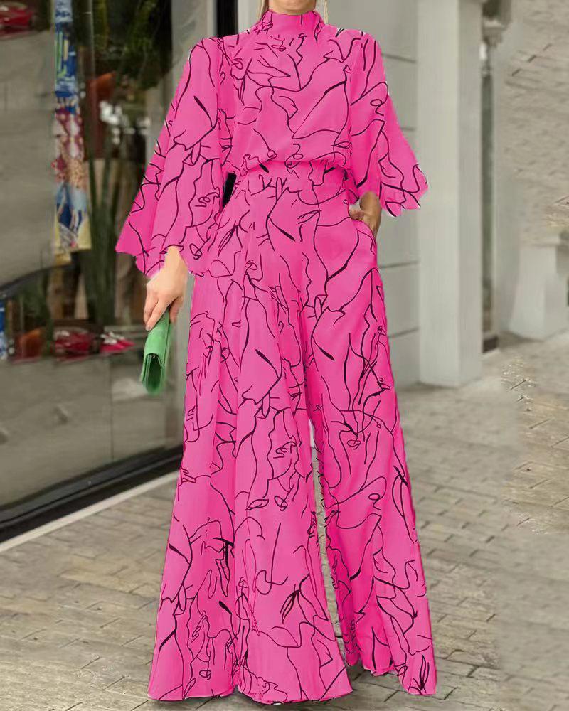 2026 Women's Elegant Waist-Cinching Long Sleeve Halter Jumpsuit with Lace-up and Print