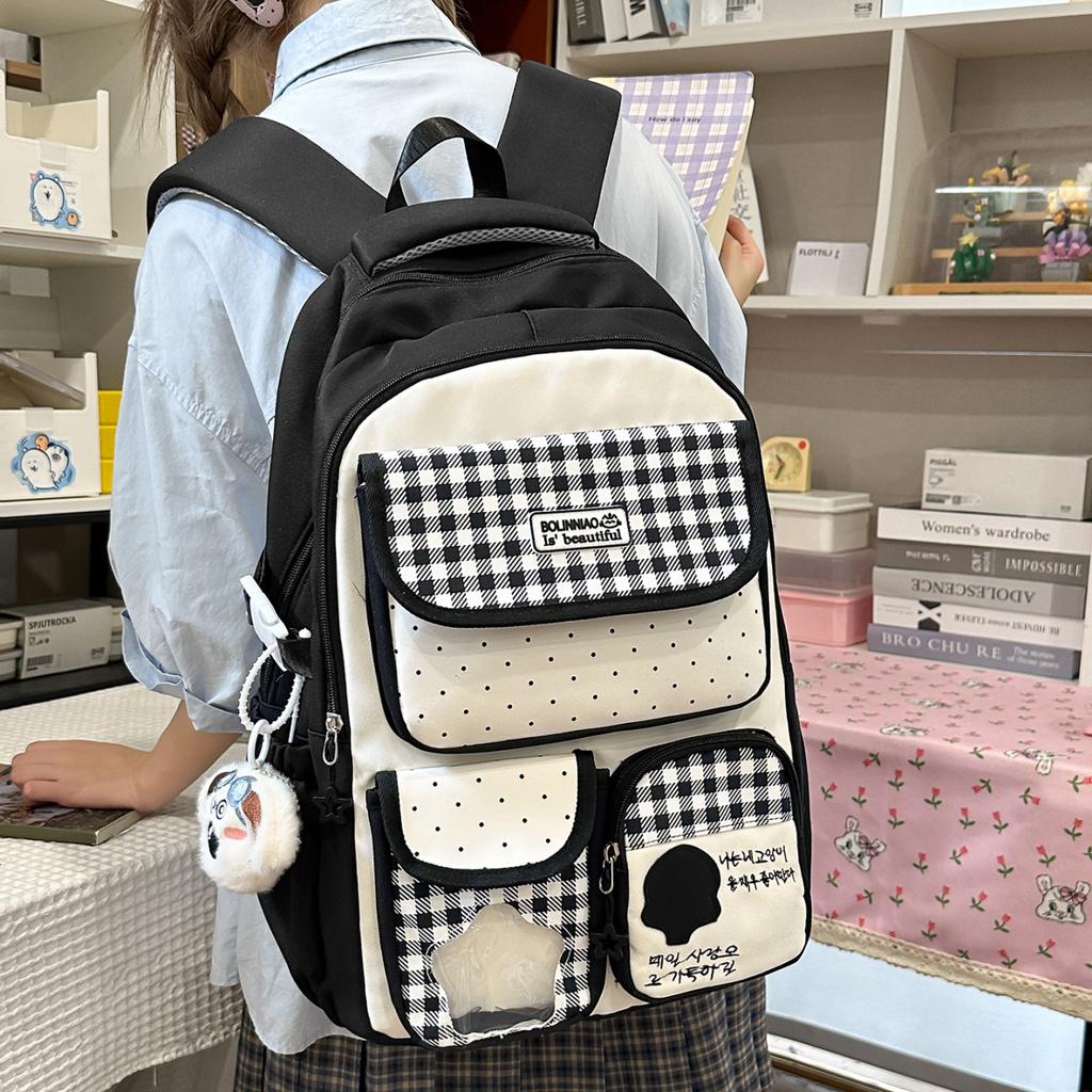 Schoolbag New Japanese Ins Fresh and Sweet Contrasting Color Splicing Plaid Backpack for Junior High School Students, Lightweight and Large-capacity