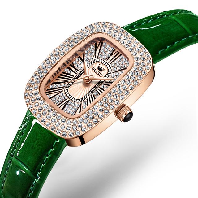 New Ladies Quartz Watch Luxury Full Diamond Dial Waterproof Green Leather Strap Fashion Quartz Women's Watch