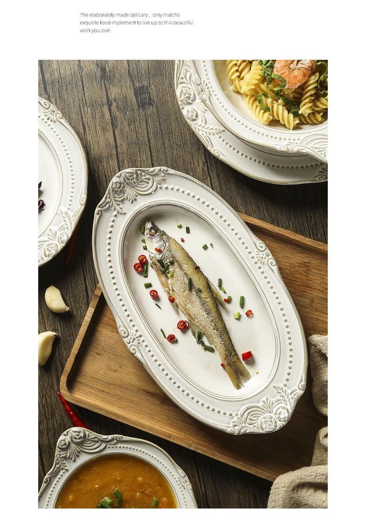 Set de Veselă Ceramică în Stil European cu Relief: Farfurii de cină, Boluri de orez, Boluri de salată și Farfurii pentru friptură