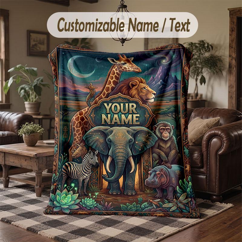 Wildlife Animals Theme Throw Blanket Custom Name Text Personalized Blanket Soft Cozy Blanket for Home Sofa Bed
