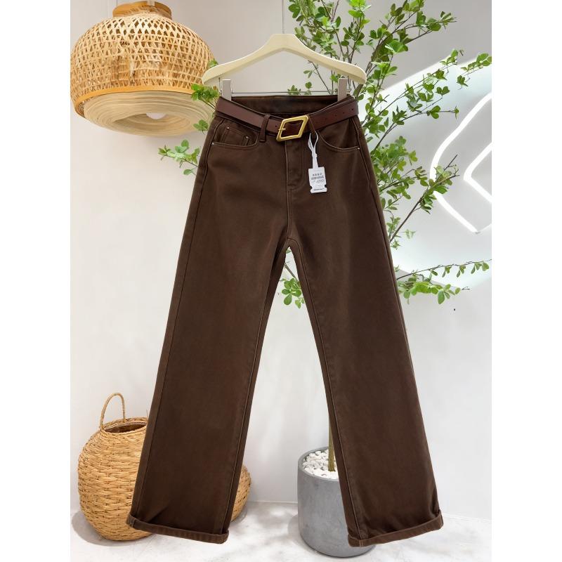 Fleece coffee wide-leg jeans women's winter, new high-waisted and thin pear-shaped narrow version straight pants