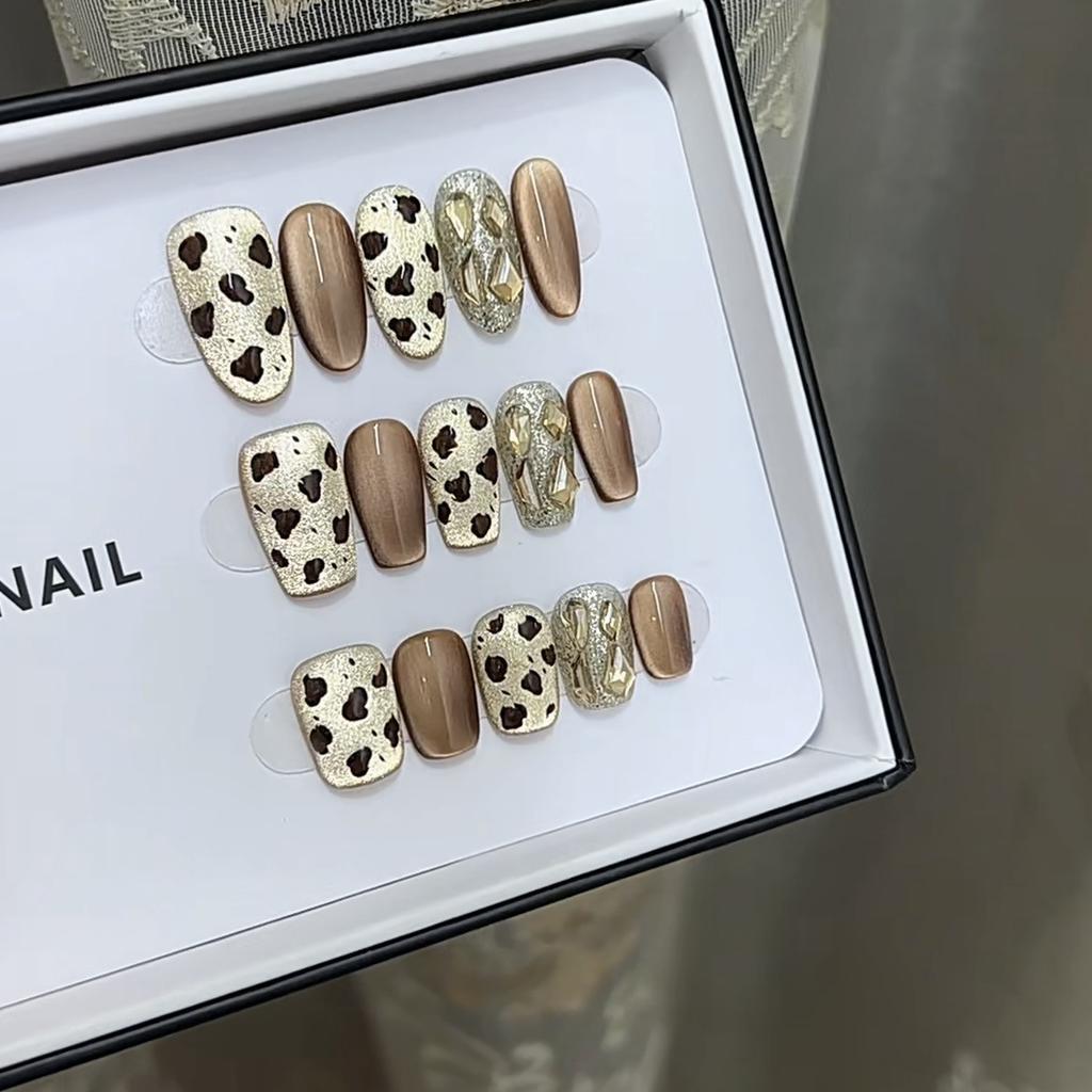 Pure Hand-made Phototherapy Wearable Nail Tablets, Black Sugar Leopard Print Wearable Nail Finished Product Reusable Nail Art