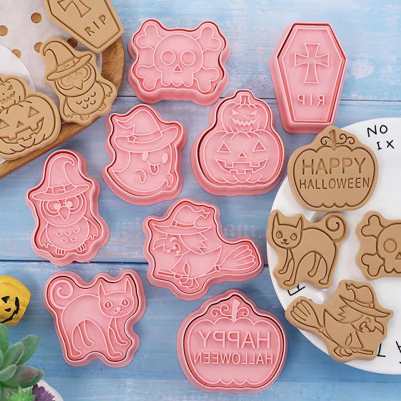 Halloween Plastic Cookie Cutters Pumpkin Cartoon Pressable Biscuit Molds Confectionery Fondant Cookie Stamps Baking Pastry Tools