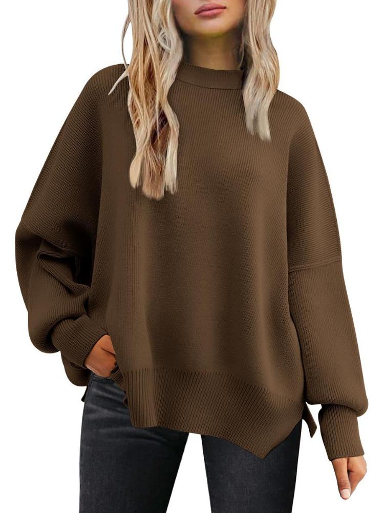 Women's Round Neck Batwing Sleeve Long Sleeved Ribbed Knit Sweater with Side Slit Pullover Luxurious Relaxed-fit Slimming and Versatile Top