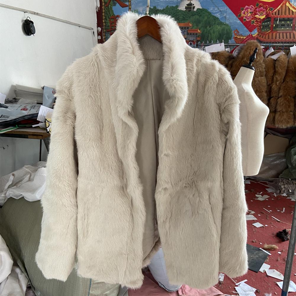 Real Rabbit Fur Coat Long Woman Winter Fashion Stand Collar Plus Size Luxury Warm Outwear Waisted Real Fur