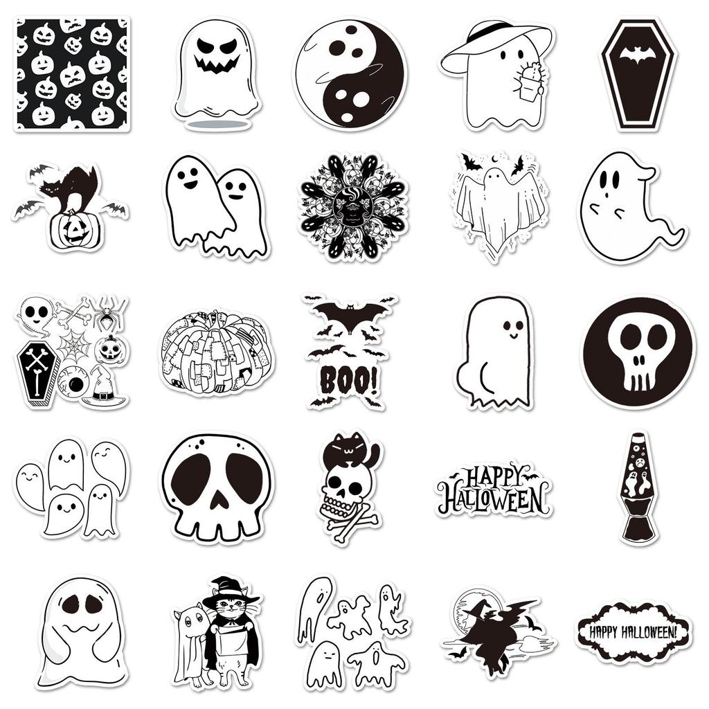 50 Schwarz-Weiß Halloween-Aufkleber: Cartoon Gruselige Q-Version für DIY-Notizbuch-, Tagebuch- oder Kofferdekorationen (50 Blatt)