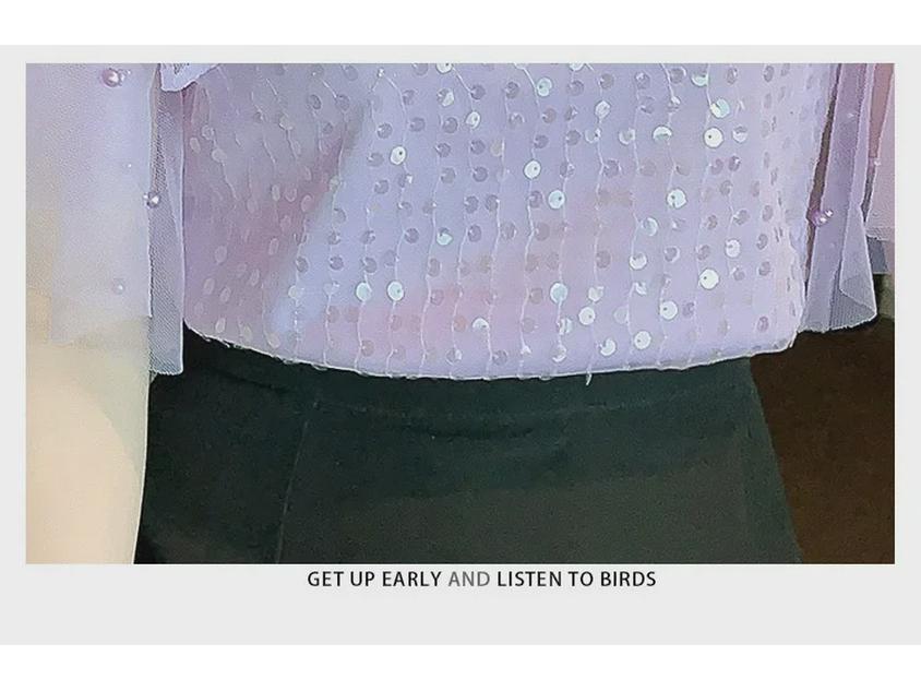 Women's Short Sleeve Sequined Chiffon V-Neck Shirt - Elegant, Fashionable, Loose Fit Top for Mature, Fairy-Inspired Summer Style