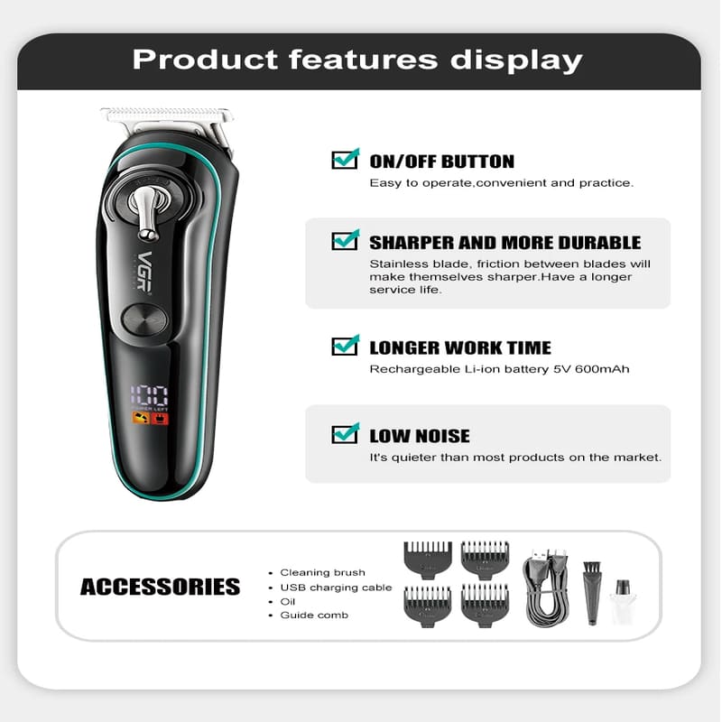 Nuevo Cortapelos Eléctrico VGR V-075 Pantalla Digital LCD Salón de Peluquería Cabeza de Aceite Hoja Afilada Recargable Doble Propósito Cortapelos Eléctrico para Hombre Rasuradora