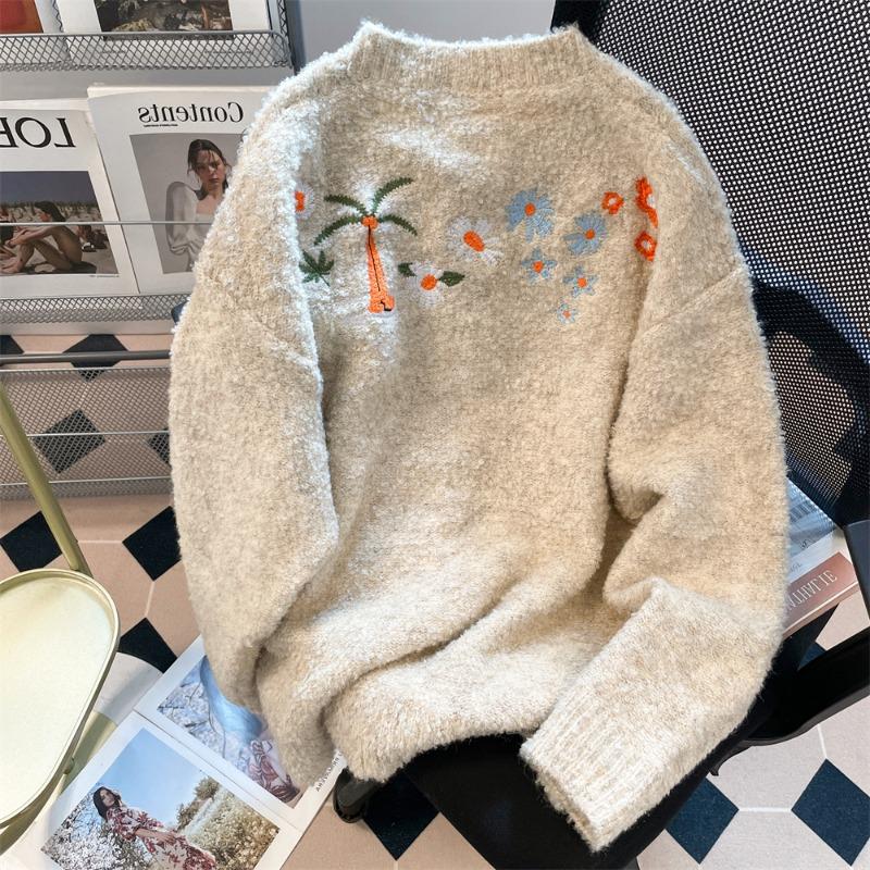 Flower embroidery women's cardigan Stand up collar single breasted knitted sweater New Woman American Trendy Autumn Top