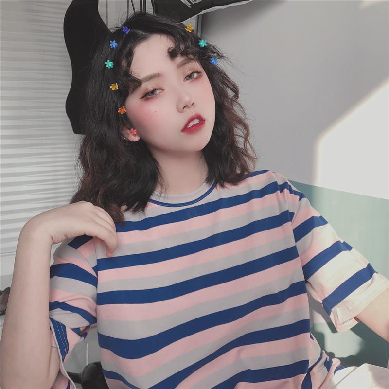 

Новая летняя женская свободная простая полосатая корейская футболка с короткими рукавами, женская студенческая футболка-топ 2XL синий
