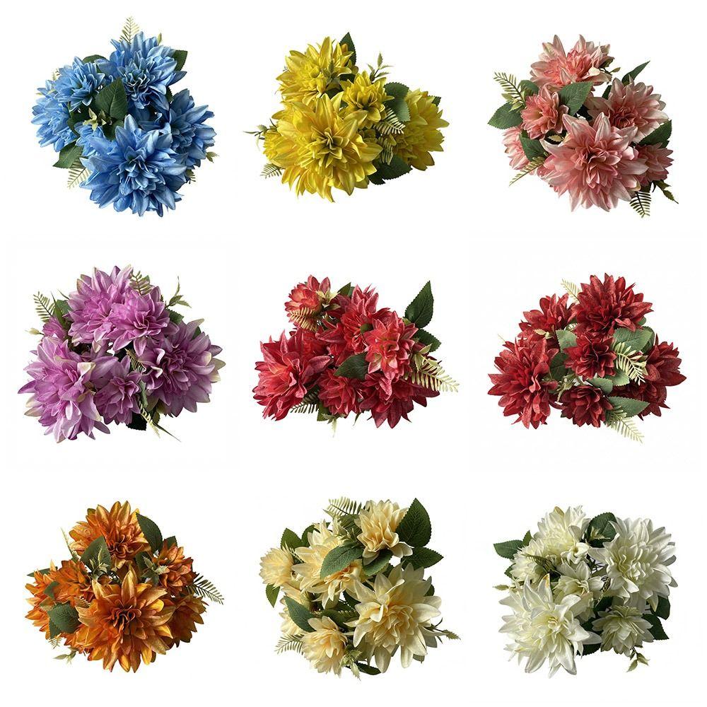 Dahlia Rose Daisy Artificial Flowers Multicolor Silk Petals Simulation Flower DIY Green Leaves Faux Flower Room Decoration