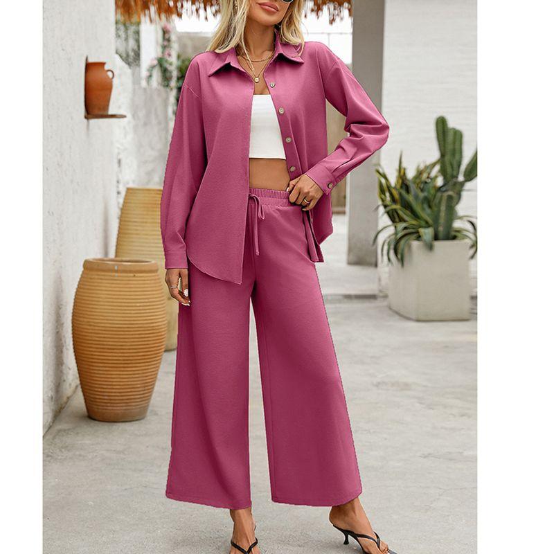 Fashion Fall Lapels Single Breasted Solid Color Loose Long Sleeves Cardigan Shirt Elastic Waist Pants Casual Two-Piece Suit