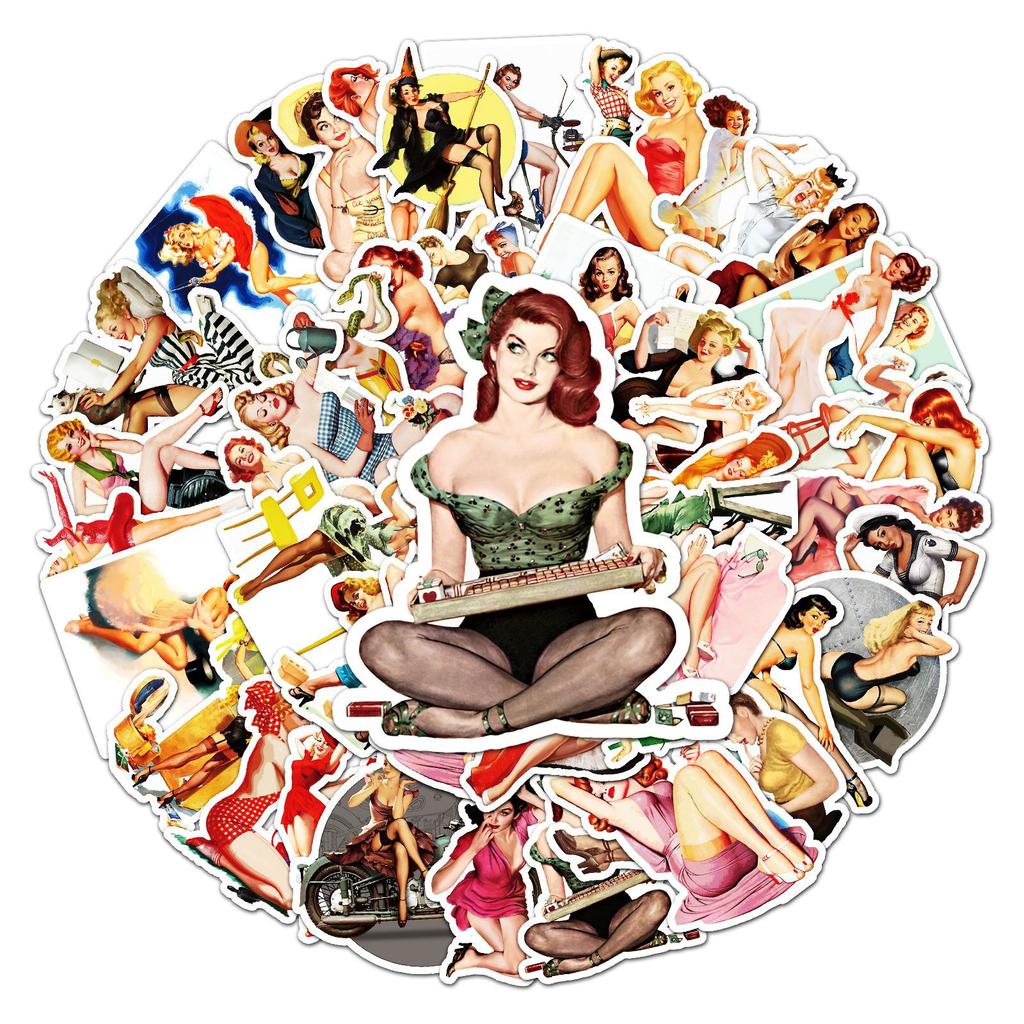 50 Retro Posters Girl Doodle Personalized Sexy DIY Skateboard Water Cup Suitcase Stickers Waterproof