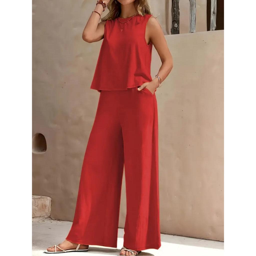 Women's Loose Fit Two Piece Outfit Sleeveless Tank Top Elastic Waist Wide Leg Pantsuit