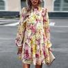 Women Floral Printed Casual Loose Fit Dress Long Sleeve Short O Neck All Match