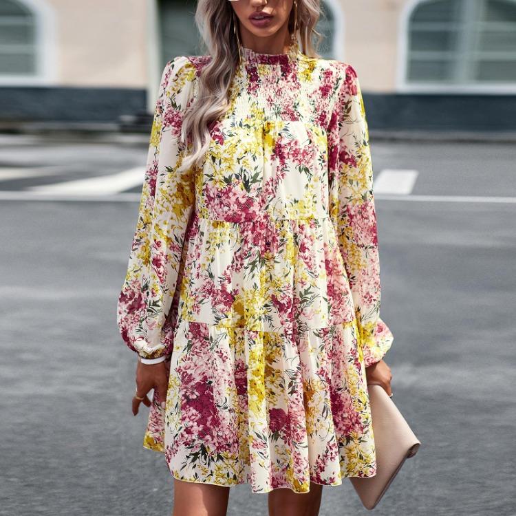 Women Floral Printed Casual Loose Fit Dress Long Sleeve Short O Neck All Match